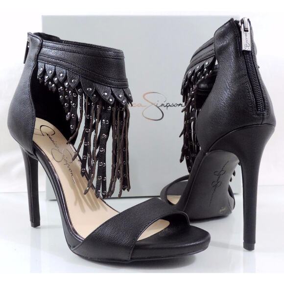Jessica Simpson Reiko Studded Fringe Platform Heels Sandal Leather Black Size 11 - Picture 2 of 7